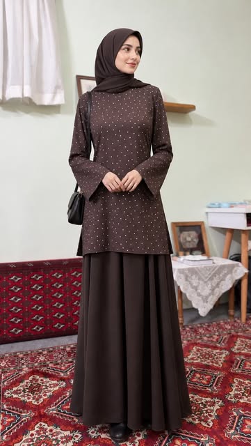 شومیز خال‌دار قهوه‌ای و دامن بلند